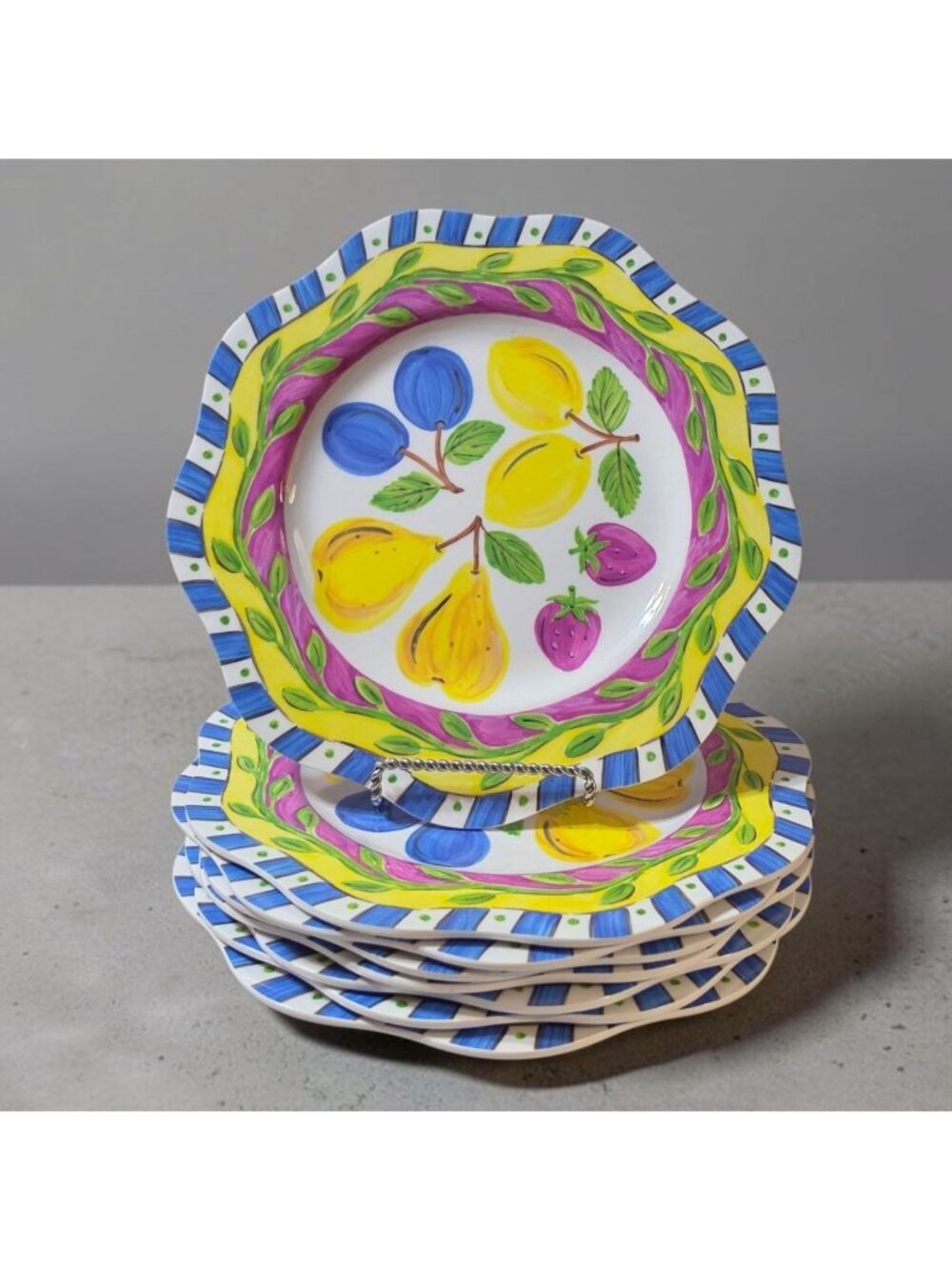 Vintage Trudeau Melamine Fruit Dinner Plates Set of 6 Dee Perry Scalloped Rim